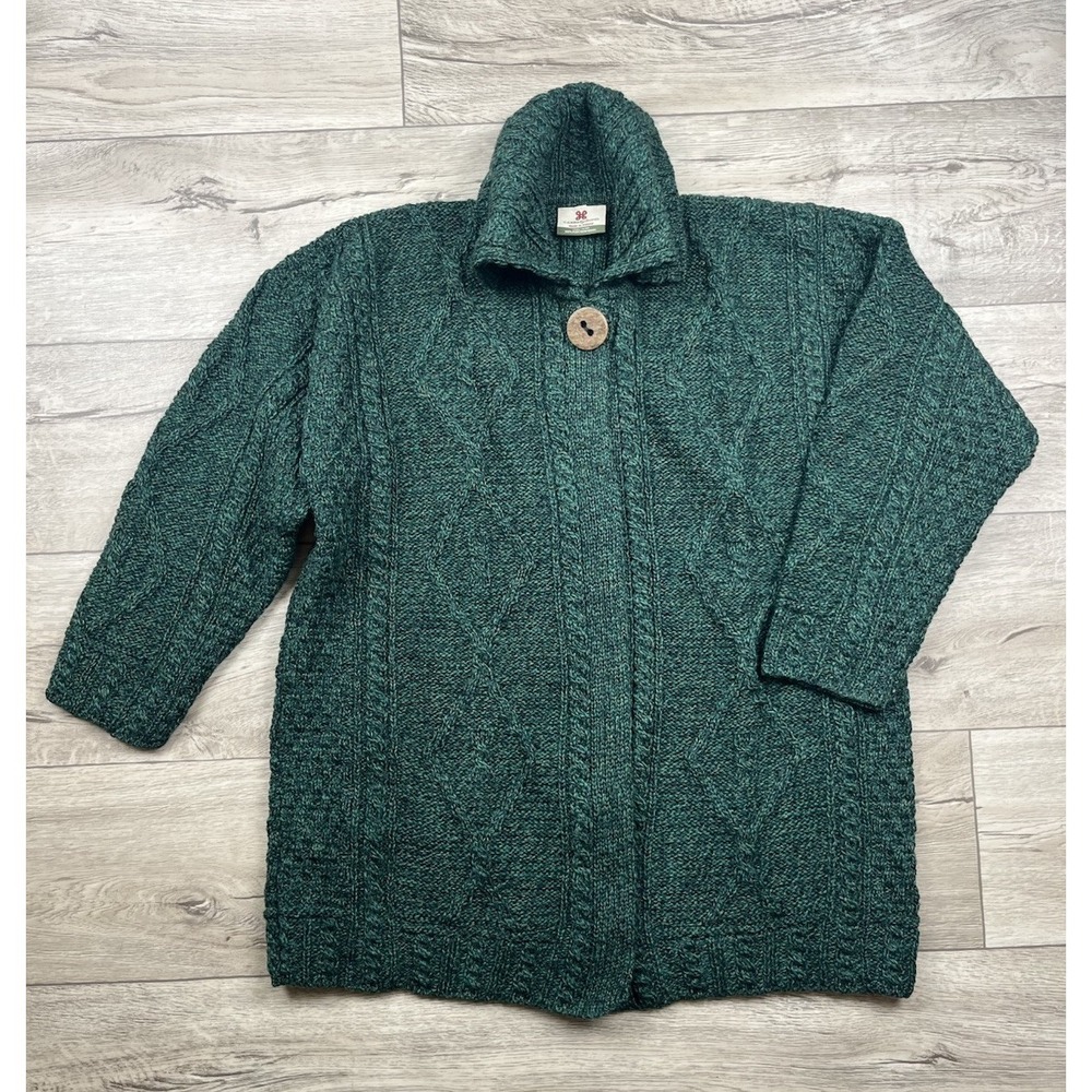 Carraig Donn Aran Green Cardigan Sweater Women XL 100 Pure New Wool Made Ireland - Picture 13 of 13